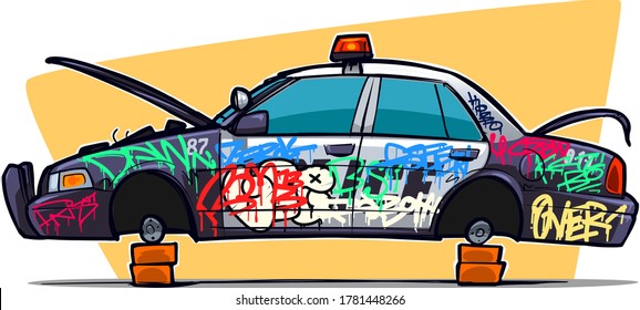 Police Car with stolen Tires. Car with Graffiti on board. Vandalism, Chaos, and Absolute Impunity.