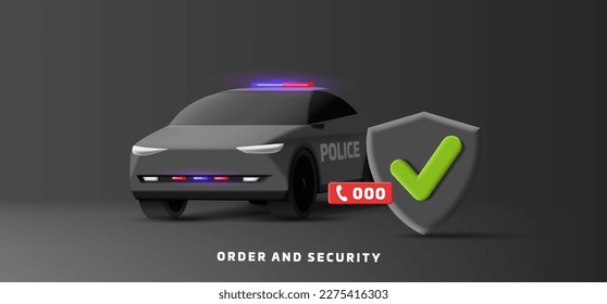 Police car SUV 3d render vector with shield and phone number, security protection banner