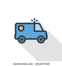 police car thin line flat color icon. Linear vector illustration. Pictogram isolated on white background. Colorful long shadow design.