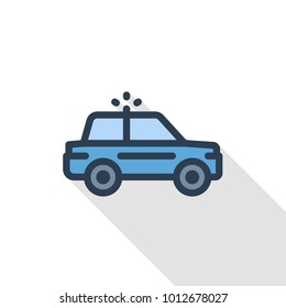 police car thin line flat color icon. Linear vector illustration. Pictogram isolated on white background. Colorful long shadow design.