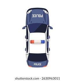 Police car, top down view. Patrol vehicle with siren lights on roof. Emergency municipal service, 911 auto transport from above, overhead. Flat vector illustration isolated on white background