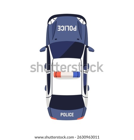 Police car, top down view. Patrol vehicle with siren lights on roof. Emergency municipal service, 911 auto transport from above, overhead. Flat vector illustration isolated on white background