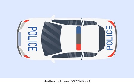 Police car top view. Vehicle with flashing lights and sirens to patrol streets and ensure safety of city. Fight against crime. Template, layout and mockup. Cartoon flat vector illustration svg