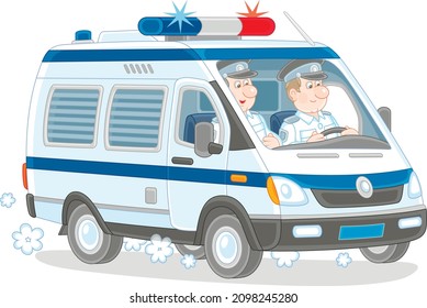 Police car with two on-duty officer policemen in uniform during patrol, vector cartoon illustration isolated on a white background