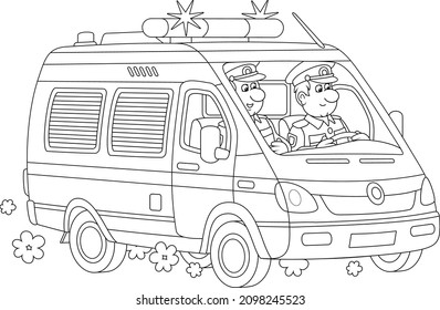 Police car with two on-duty officer policemen in uniform during patrol, black and white vector cartoon illustration for a coloring book page