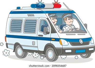 Police car with two on-duty officer policemen in uniform during patrol, vector cartoon illustration isolated on a white background