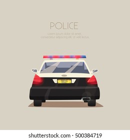 Police car. Vector cartoon illustration. Isolated background. American cop. Security auto. Back view. Modern transport