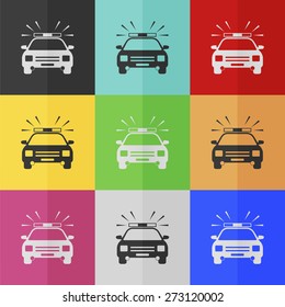 Police car vector icon - colored set. Flat design