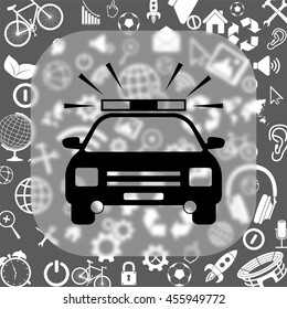 police car vector icon - matte glass button on background consisting of different icons
