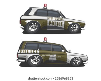 Police car vector illustration isolated. Cartoon Style Police Car Hand Drawn vector art. Patrol vehicle. Modern Police car. City urban police car.