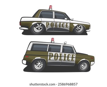 Police car vector illustration isolated. Cartoon Style Police Car Hand Drawn vector art. Patrol vehicle. Modern Police car. City urban police car.