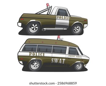 Police car vector illustration isolated. Cartoon Style Police Car Hand Drawn vector art. Patrol vehicle. Modern Police car. City urban police car.