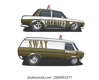 Police car vector illustration isolated. Cartoon Style Police Car Hand Drawn vector art. Patrol vehicle. Modern Police car. City urban police car.