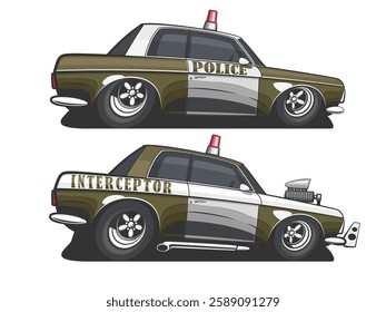 Police car vector illustration isolated. Cartoon Style Police Car Hand Drawn vector art. Patrol vehicle. Modern Police car. City urban police car.