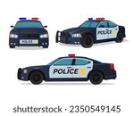 Police Car Vector Illustration on White Background Front, Side, View