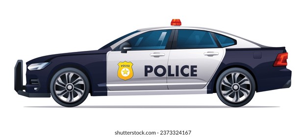 Police car vector illustration. Patrol official vehicle, side view car isolated on white background