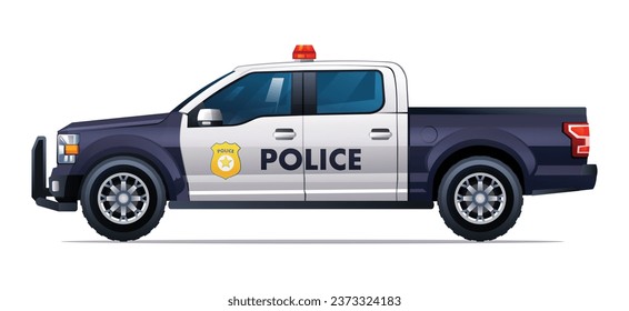 Police car vector illustration. Patrol official vehicle, pickup truck side view isolated on white background