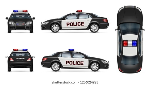 Векторный макет полицейской машины на белом фоне, вид сбоку, спереди, сзади и сверху. Все элементы в группах на отдельных слоях для удобного редактирования и изменения цвета