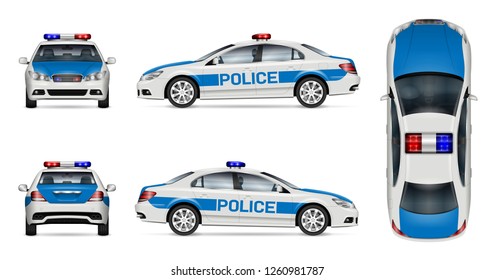 Police car vector mockup on white background, view from side, front, back and top. All elements in the groups on separate layers for easy editing and recolor svg