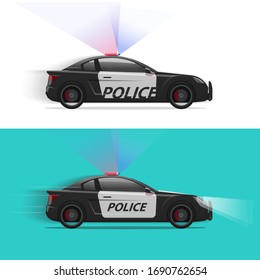 Police car vector moving fast with siren flasher light or patrol vehicle side view isolated flat cartoon illustration clipart