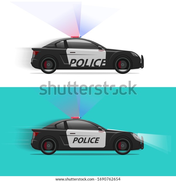 Police car vector moving fast with siren flasher\
light or patrol vehicle side view isolated flat cartoon\
illustration clipart