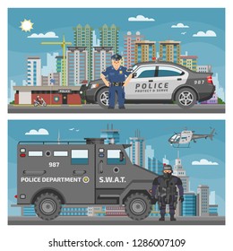 Police car vector policeman character and policy vehicle of policeman illustration backdrop set of police-officers transport and police-service auto van or truck cityscape background