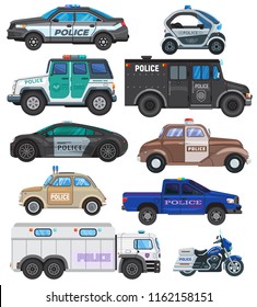 Police car vector policy vehicle and motorbike or motorcycle of policeman illustration set of police-officers transport and police-service auto van or truck isolated on white background