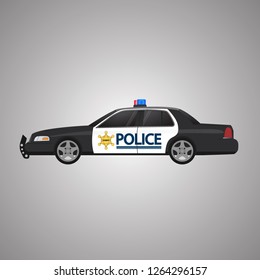 Police car vector, side view. USA Police. Rooftop flashing lights, a siren and emblems. Flat illustration
