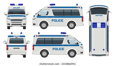 Police car vector template with simple colors without gradients and effects. View from side, front, back, and top