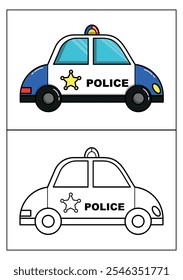 Police Car vehicle vector with black and white outline for page coloured illustration