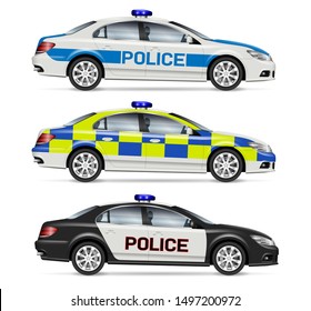 Police cars side view vector illustration isolated on white background. All elements in the groups on separate layers for easy editing and recolor svg