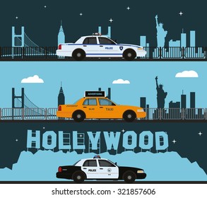 Police cars and taxis on city background.