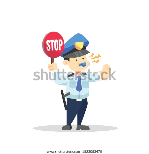 警察の漫画のキャラクターがストップサインを持ち 平らなベクターイラストを止めるジェスチャーでホイッスルを吹く のベクター画像素材 ロイヤリティフリー