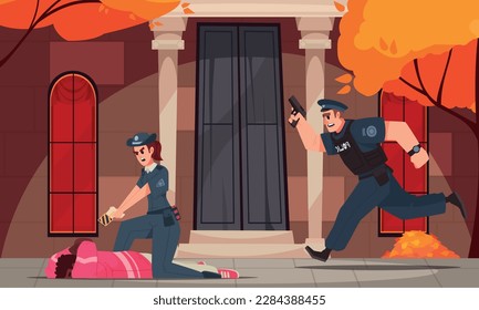 Police cartoon scene with male and female officers arresting criminal suspect vector illustration