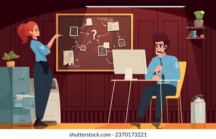 Police cartoon scene with male and female officers making indoor investigation vector illustration