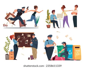 Police cartoon set with law enforcement and criminal investigation scenes isolated vector illustration