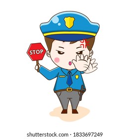 Police Cartoon. Vector illustration of cute chibi character isolated on white background. 