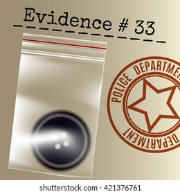 Police case evidence stamp and button in a bag. Vector illustration