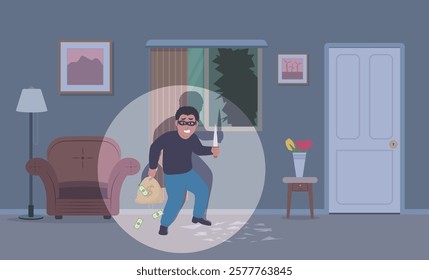 police caught the thief in the spotlight. Criminal caught red handed with bag of money luko vector illustration