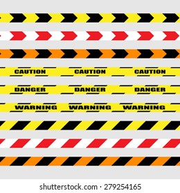 Police, caution, danger lines. Red black, red white, orange tapes, vector illustration on light grey background