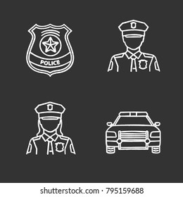 Police chalk icons set. Policeman and policewoman, car, badge. Isolated vector chalkboard illustrations