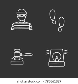 Police chalk icons set. Robber, footprints, gavel, alarm. Isolated vector chalkboard illustrations