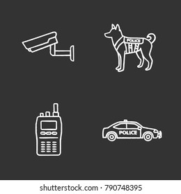 Police chalk icons set. Surveillance camera, military dog, walkie talkie, car. Isolated vector chalkboard illustrations