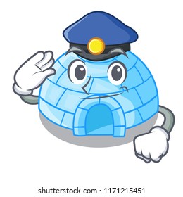 Police character cartoon ice house in snowfield