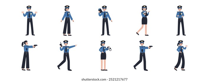 Conjunto de ilustração plana personagem policial. Incluir polícia, patrulha, policial, segurança e xerife. Ilustração vetorial isolada.