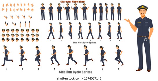 Police Character Model sheet with Walk cycle Animation. Flat character design. Front, side, back view animated character. character creation set with various views, face emotions,poses and gestures.