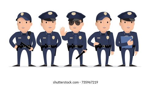 police character. Set of different poses and gestures paying. Vector illustration. Flat style.