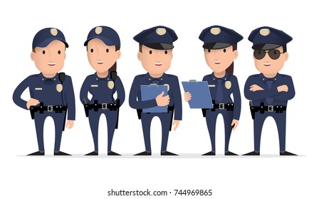 Police Character. Set Of Different Poses And Gestures Paying. Vector Illustration. Flat Style.