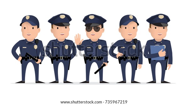 police character. Set of\
different poses and gestures paying. Vector illustration. Flat\
style.