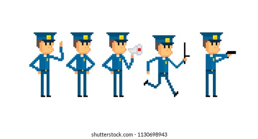 Police character set. Pixel art. Old school computer graphic. 8 bit video game. Game assets 8-bit sprite.